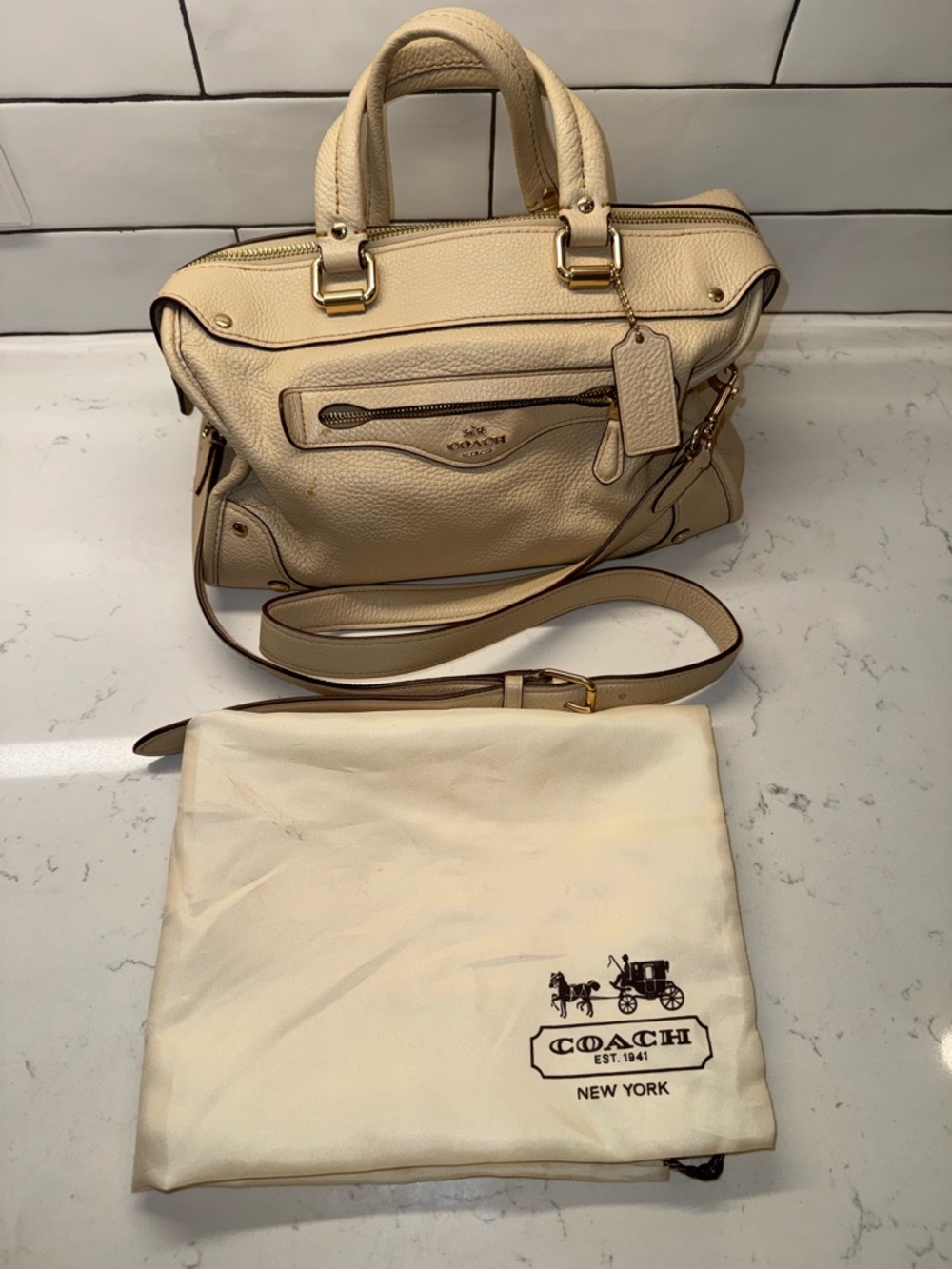 Coach Cream Pebbled Leather Satchel Bag with Dust Bag